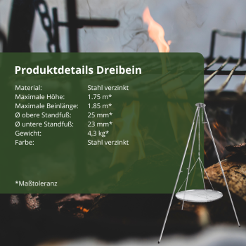 Preview: HeRo24 Edelstahl Dreibein T180S mit 70 cm Edelstahl Rost Kette Hacken Wirbel