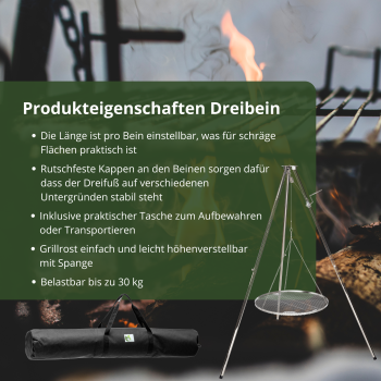 Preview: Edelstahl  Dreibein Schwenker Grillgestell mit Kurbel,Kette,Hacken und Wirbel ohne Rost , mit Tasche!