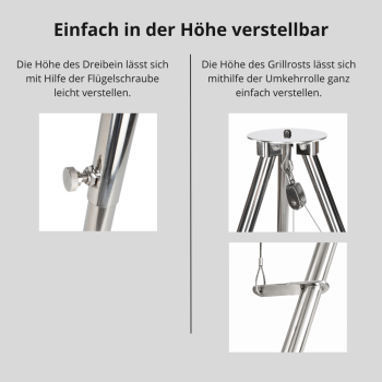 Preview: HeRo24 Edelstahl Dreibein T180S mit 70 cm Edelstahl Rost Kette Hacken Wirbel
