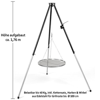 Dreibein Grillgestell  Schwenker Beinlänge 170 cm mit Kurbel , Edelstahlrost 70 cm & Warmhalterost