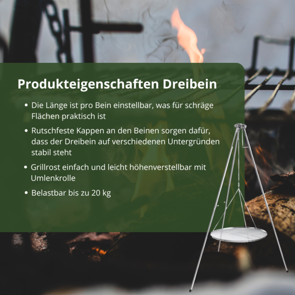 HeRo24 Edelstahl Dreibein T180S mit 60 cm Edelstahl Rost Kette Hacken Wirbel