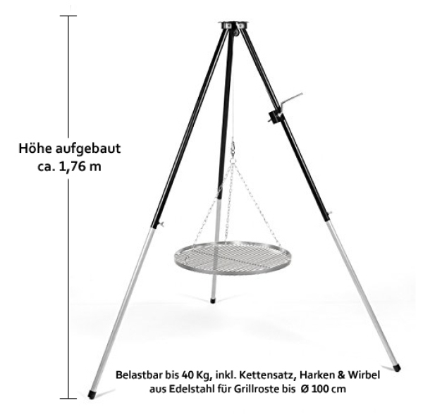 Dreibein Grillgestell Schwenkgrill Tripod Grill Stand ohne Grillrost ! mit Kurbel Höhe 1,76 aufgebaut !